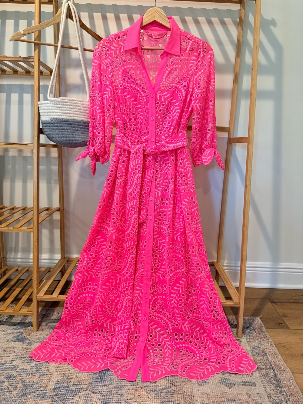 Lilly Pulitzer Hot Pink Eyelet Maxi Shirt Dress with Tie Waist